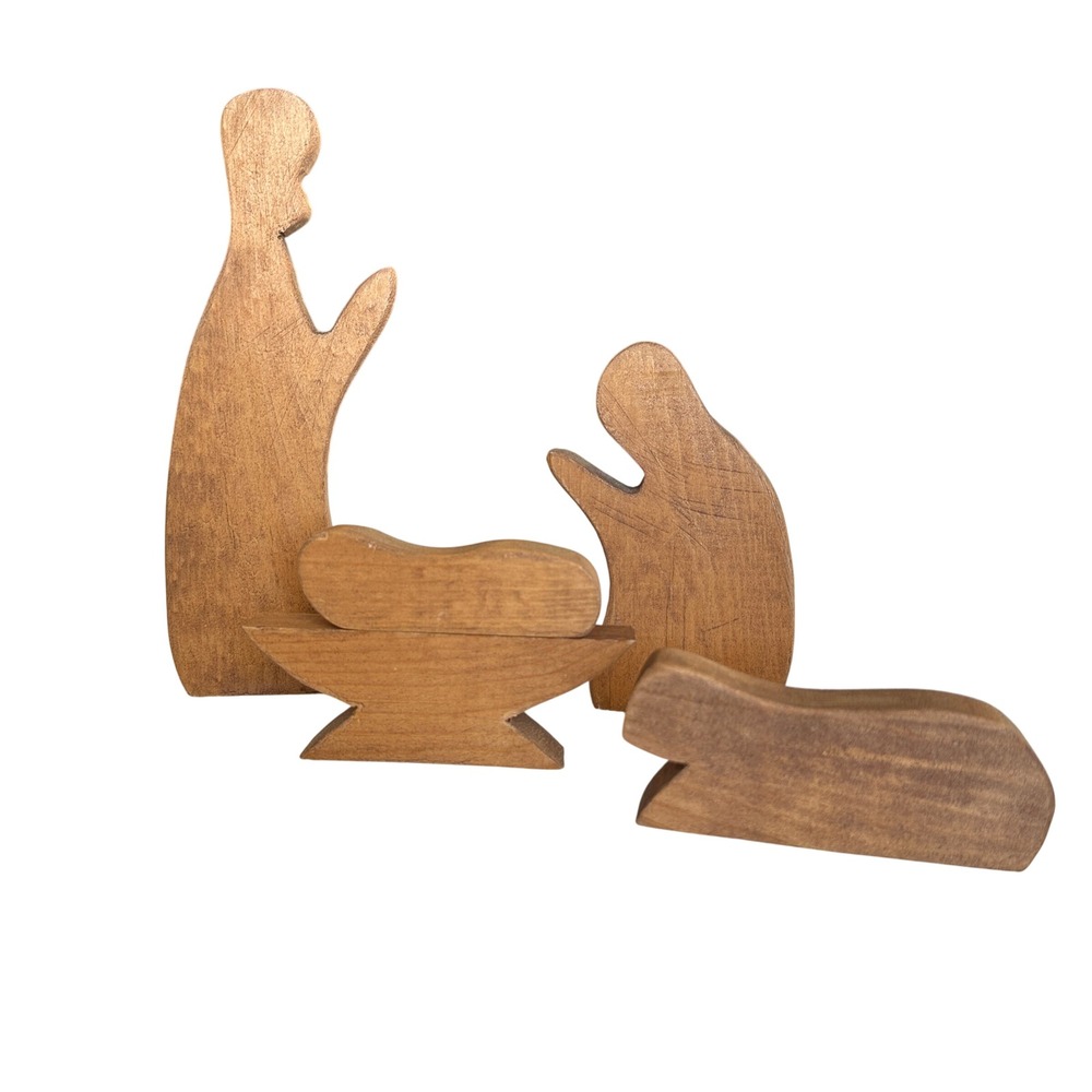 VTG Nativity Set Minimalist Wood Carved Holy Family Manger Scene Rustic MCM